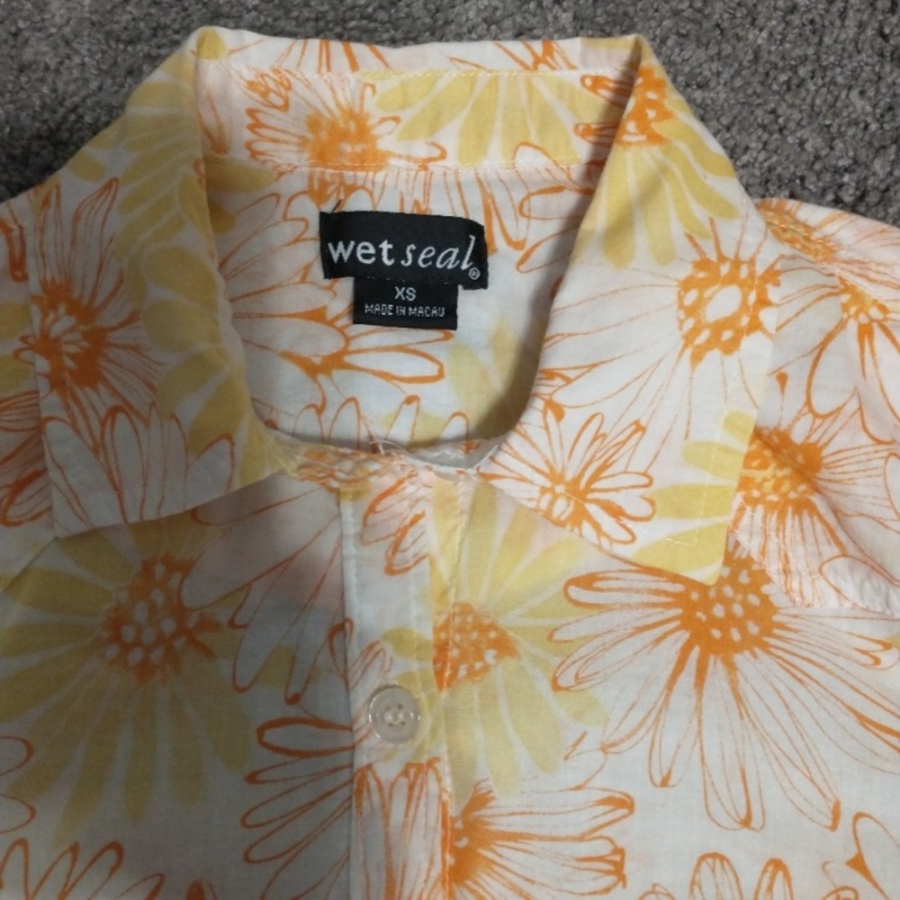 Y2K Wet Seal Collared Shirt Retro Floral 70s Wide Sleeve Hem Button Down XS - Picture 5 of 13